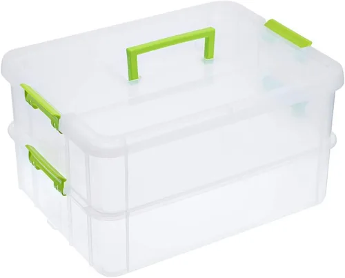 Vista 12 de BTSKY Caja de almacenamiento portátil multiusos de 2 capas, organizador de almacenamiento portátil multiusos para organizar papelería, costura, Negro