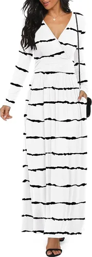 Vista 11 de LILBETTER - Vestido largo de manga larga, cuello en V profundo, holgado, liso y casual para mujer Verde militar