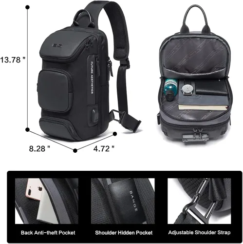 Vista 5 de Mochila tipo bandolera para hombre, bolsa de hombro impermeable con puerto USB