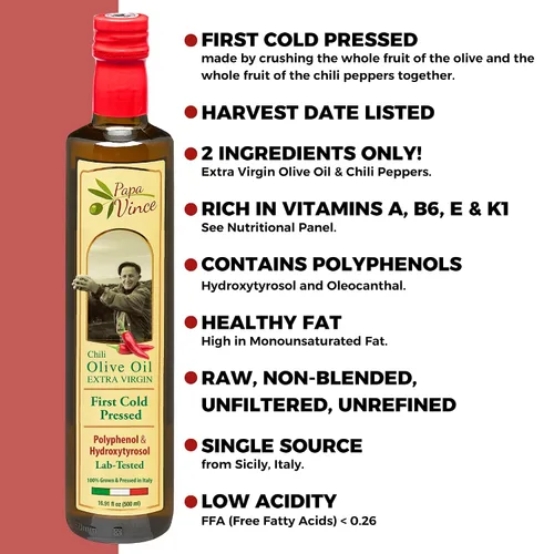 Vista 3 de Papa Vince Aceite de Oliva Virgen Extra - Primero prensado en frío, Aceite de oliva rico en polifenoles (AOVE). Agrumato de chile, sin filtrar