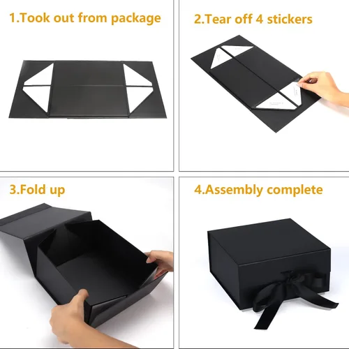 Vista 3 de Giftgarden Paquete de 4 cajas de regalo negras de 8 x 8 x 4 pulgadas con tapas magnéticas de cinta, caja cuadrada plegable para regalo, Navidad