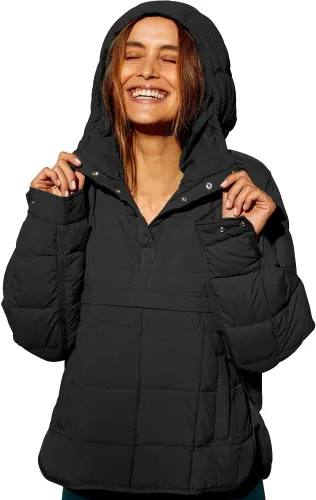Vista 2 de Fazortev Chaqueta acolchada de gran tamaño para mujer, sudadera con capucha Dolman, manga larga, ligera, cálida