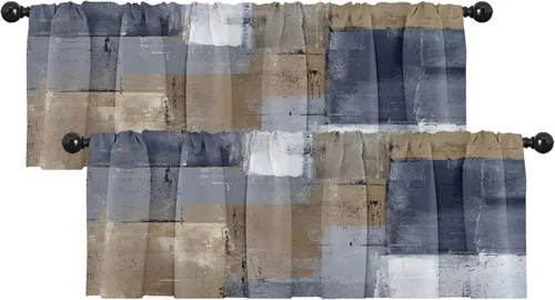 Vista 17 de Emvency Paquete de 2 cenefas para ventana, cortinas opacas de arte moderno abstracto azul, cortinas ajustables para ventanas, sala de estar, cocina