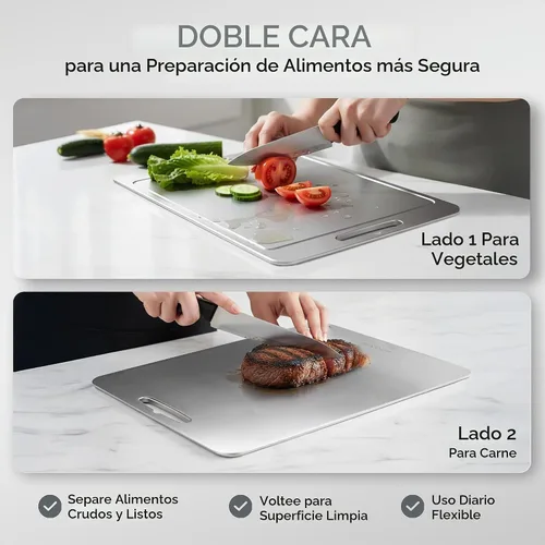 Vista 3 de Tablas de cortar de acero inoxidable para cocina, tabla de cortar de acero inoxidable con ranuras para jugo, doble cara, paquete de 3 tamaños