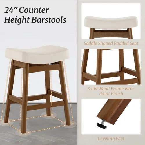 Vista 4 de Cozyman Juego de 2 Taburetes de Bar, Taburetes de Bar con Patas de Madera Resistentes, Taburetes de Bar de Altura de Mostrador con Asiento Tipo