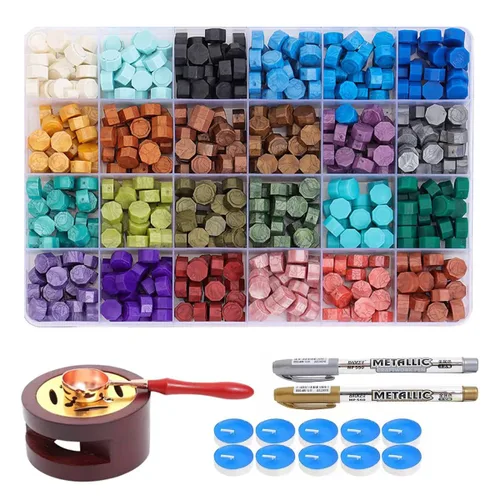 Vista 8 de Kit de sellos de cera – 630 cuentas de cera, caja de regalo, calentador, bolígrafos metálicos, sobres, juego de sellos para regalos y decoración