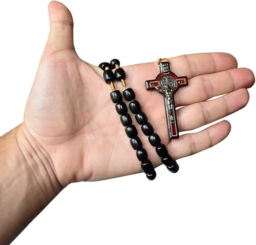 Vista 5 de Catholica Shop Collar de cruz de plata con cuentas de madera Rosario I Religious Wear Saint Benedict I Collar de cruz negra para hombres y mujeres I