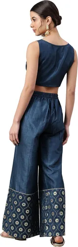 Vista 7 de Janasya Top corto indio con estampado de lámina de seda de poliéster verde azulado con palazzo y chaqueta