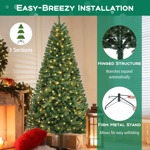 Vista 14 de DORTALA Árbol de Navidad artificial verde preiluminado de 7 pies, con bisagras, con 250 luces LED blancas cálidas, 8 modos de iluminación, 830
