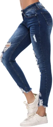 Vista 2 de Resfeber - Pantalones de jean rasgados estilo boyfriend para mujer, pantalón de jean desgastado y elastizado, largo hasta la pantorrilla y agujeros