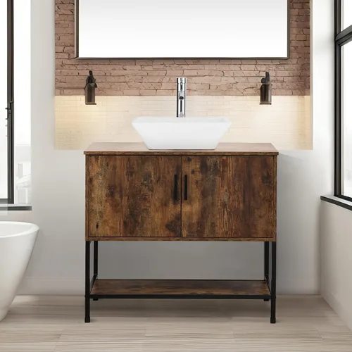 Vista 33 de UEV Juego de tocador de baño antiguo de 24 pulgadas, color marrón oscuro con lavabo, armario de baño de madera de hierro con grifo de temperatura