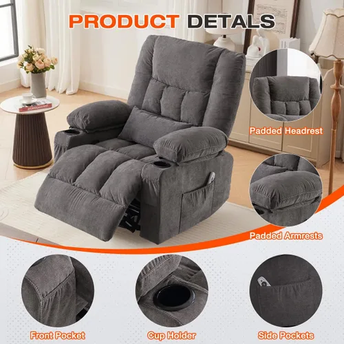 Vista 6 de Silla reclinable giratoria para adultos, reclinable de gran tamaño con masaje por vibración y calor lumbar, mecedora ergonómica con bolsillo