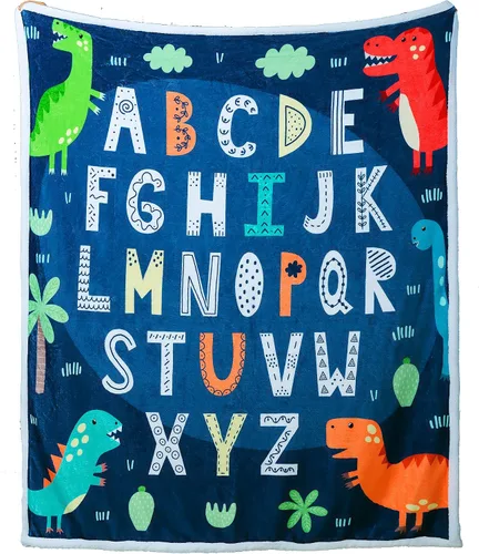 Vista 9 de Manta ABC del alfabeto para niños pequeños, manta suave de dinosaurio azul para niños, regalos ABC para niños (dinosaurios, 50 x 60 pulgadas)
