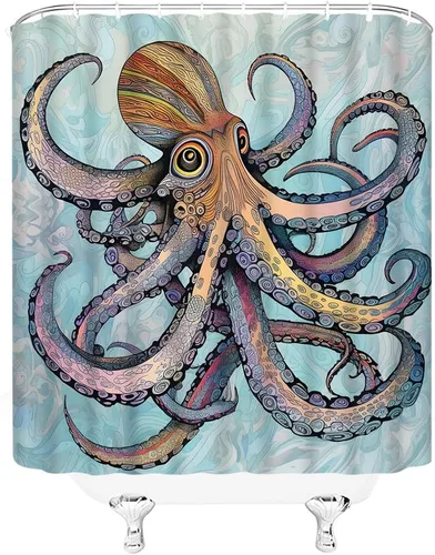 Vista 3 de Cortina de ducha bohemia con diseño de pulpo, diseño abstracto de Kraken con diseño floral bohemio, océano, gigante, vida marina, tentáculo, cortina