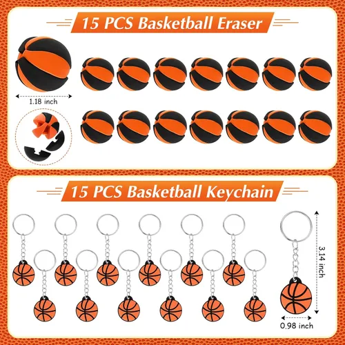Vista 3 de Aoriher Regalos de fiesta deportiva de baloncesto para niños, 15 juegos de pulseras deportivas de silicona, mini bola antiestrés, llavero temporal