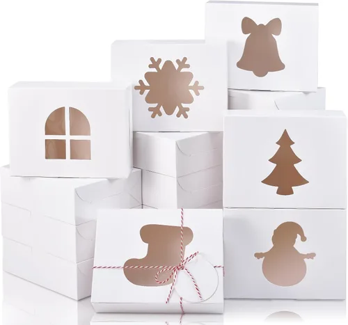 Vista 9 de COTOPHER 18 cajas de galletas de Navidad con ventana, 10 x 10 x 2.5 pulgadas, cajas de panadería marrones para regalo, cajas de postre de papel