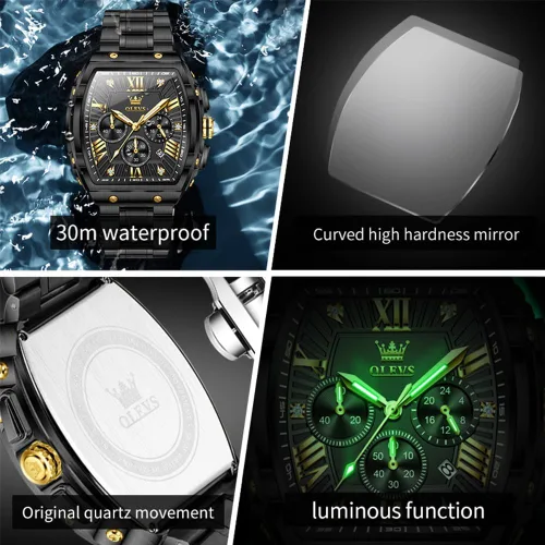 Vista 5 de OLEVS Relojes para Hombres Cronógrafo Impermeable Cara Rectangular Fase Lunar Correa de Acero Inoxidable Relojes de Vestir para Hombres Luminoso