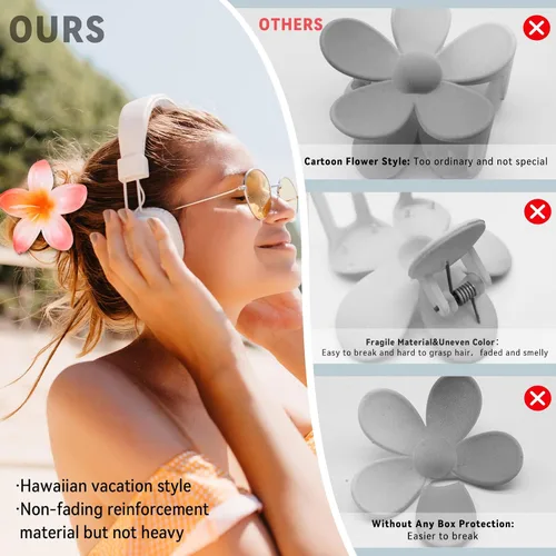 Vista 6 de GQLV Pinzas de garra para el cabello con flores - 4 piezas para cabello grueso, fuerte agarre antideslizante, hawaianas, pinzas grandes y bonitas