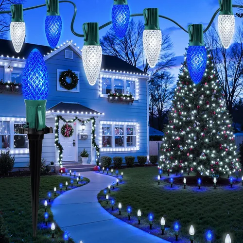 Vista 9 de Brightown Luces de Navidad C9 C9 para exteriores, 25.7 pies, fresa, C9, luces de camino de Navidad con 20 bombillas LED y estacas, decoraciones