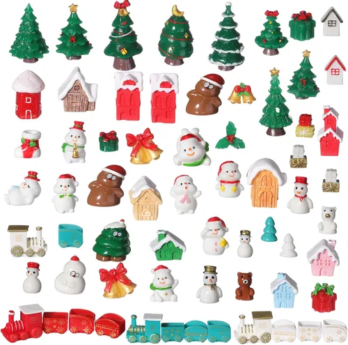 Vista 8 de 58 piezas de figuritas en miniatura de Navidad, miniaturas de Santa Claus, muñeco de nieve, copo de nieve, reno en miniatura de resina, adornos