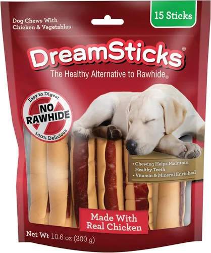 Vista 11 de DreamBone DreamSticks con sabor real a tocino y queso, palitos masticables para perros sin cuero crudo (paquete de 30)
