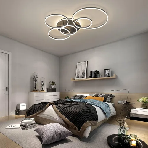 Vista 9 de Lámpara de techo LED moderna de 90W regulable con control remoto, 5 anillos, lámpara de techo empotrada, candelabro acrílico negro LED para sala