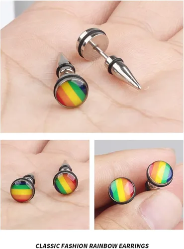 Vista 7 de Pendientes de tuerca de acero inoxidable 316L con orgullo gay lesbiano arco iris, triángulo redondo LGBT, aretes de tuerca de arco iris a la moda
