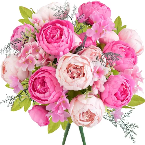 Vista 8 de Ramo de peonías artificiales – Juego de 2 tallos de flores de seda sintética – Ramos listos para el estilo para bodas, decoración del hogar, eventos
