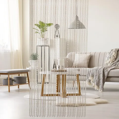 Vista 2 de Cortinas blancas con cuentas para puertas de 36 x 77 pulgadas, cortina de cuentas con borlas de cristal para colgar en la puerta, cortinas