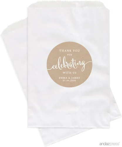Vista 38 de Andaz Press Bolsas de regalo personalizadas para mesa de postre, agradecimiento por celebrar con nosotros, aguamarina, paquete de 24, personalizadas