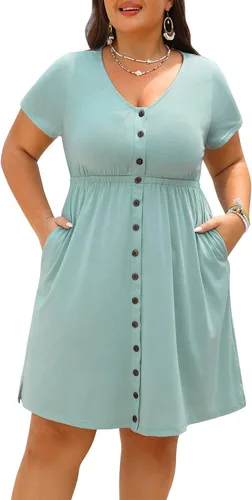 Vista 17 de Holipick Vestidos de verano para mujer, talla grande, casual, con bolsillos, acampanado, con botones, sin mangas, cuello en V