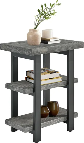 Vista 11 de Alaterre Furniture Pomona - Mesa auxiliar de madera maciza de 2 niveles con acabado natural y patas de metal, decoración moderna de granja o Marrón