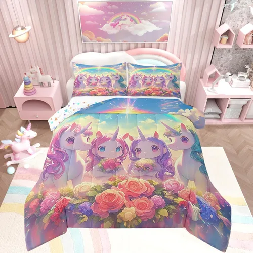 Vista 8 de Castle Fairy Juego de edredón de unicornio tamaño individual, reversible, lindo unicornio, arcoíris, caricatura, caballos, animales, para niños