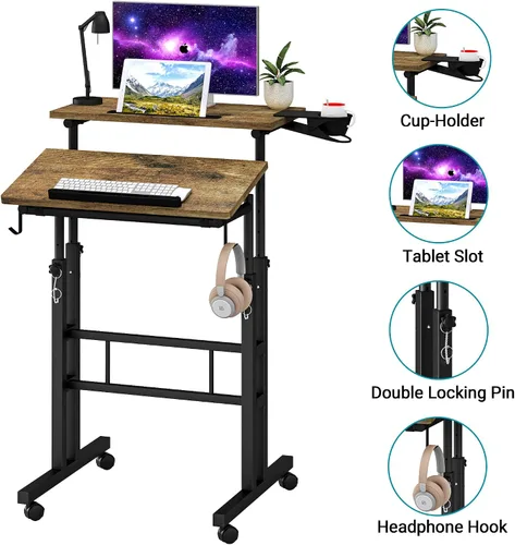 Vista 4 de Klvied Escritorio móvil rodante con soporte para tazas, portátil, altura ajustable, pequeño escritorio de pie con ruedas para oficina en casa, Roble