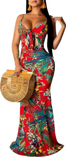 Vista 7 de Women's Summer Floral Spaghetti Strap Long Maxi Dresses Low-Cut Bohemian Beach Sundress Negro