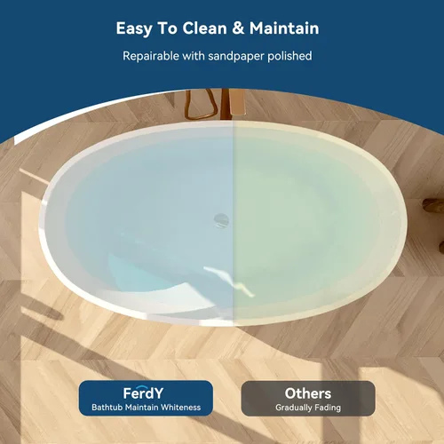 Vista 5 de FerdY Tahití - Bañera de acrílico independiente de 55 pulgadas, elegante bañera de remojo de forma ovalada, blanco brillante, drenaje dorado