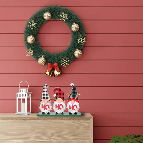 Vista 5 de Ovootok Decoración navideña para el hogar, letrero de madera rústica con gnomos Ho Ho Ho, decoración navideña de mesa para sala de estar, mesa