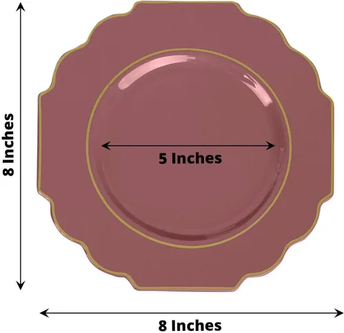Vista 3 de Efavormart - Paquete de 10 platos de postre de plástico color rosa canela de 8 pulgadas, con borde dorado barroco, platos de ensalada desechables
