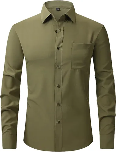 Vista 13 de Camisas de vestir de ajuste regular para hombre, de manga larga, elásticas, sin arrugas, con botones, blusa formal ligera y sólida