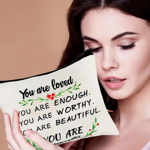 Vista 6 de Pinkunn 10 bolsas de cosméticos inspiradoras para niñas, regalos de la semana de CNA a granel You Are Loved You Are Suficiente, bolsa de cosméticos