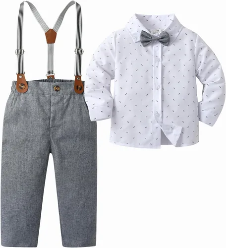 Vista 45 de Conjunto de pantalones para bebé, camisa de manga larga + pantalones + corbatín + tirantes, trajes de caballero para niños pequeños