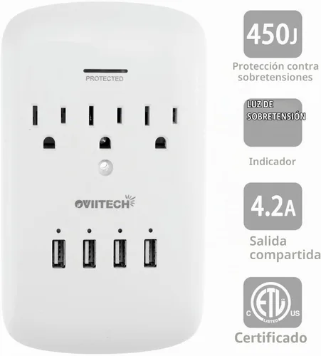 Vista 5 de Oviitech Adaptador de Montaje en Pared Multi Toma de Corriente con Protector Contra Picos de Corriente y 4 (4.2 AMP) Puertos USB de Carga, 3 Tomas