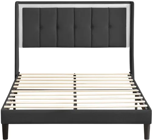 Vista 5 de Base de cama tapizada de tamaño matrimonial con cabecera de terciopelo moderna y soporte de listones de madera resistente, antideslizante, sin