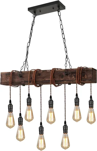 Vista 8 de KEESFU 4 luces colgantes de granja para isla de cocina, luz colgante de techo de madera rústica, altura ajustable, lámpara de comedor para isla
