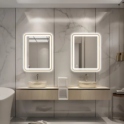 Vista 2 de [Usado] Espejo de baño LED dorado con luz, espejo retroiluminado de 32 x 20
