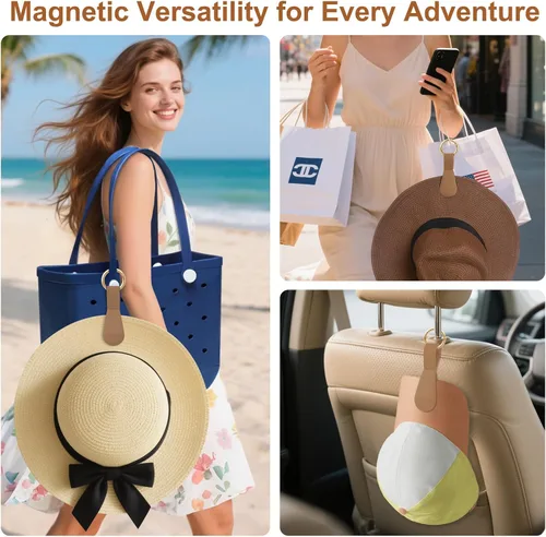 Vista 41 de Clip magnético para sombrero para viajes, 2 soportes de silicona color caqui claro para bolsos, bolsos, equipaje y sombreros de playa, clip