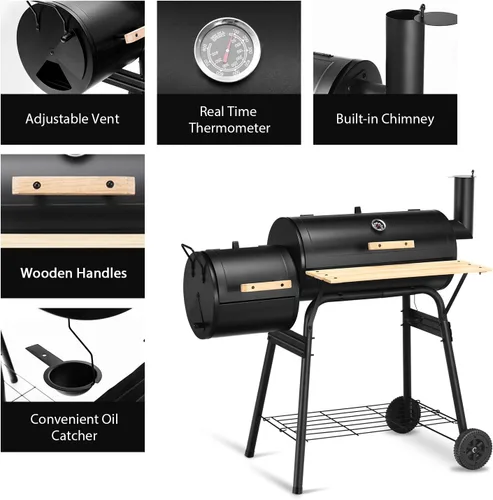 Vista 4 de Giantex Parrilla de carbón para barbacoa con ahumador desplazado, termómetro y amortiguador ajustable, ahumador para cocinar carne, ahumador
