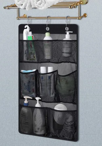Vista 6 de KIMBORA Organizador de ducha de malla para colgar en el baño, con 2 bolsillos grandes, 3 anillos, barra de cortina colgante para dormitorio, Negro
