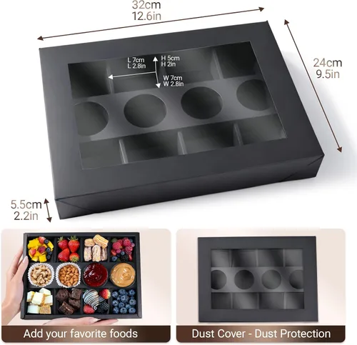 Vista 10 de Caja de pastelería desechable de 8 compartimentos con tapas, 10 unidades, caja negra dividida para panadería con soporte para inmersión para 4-6