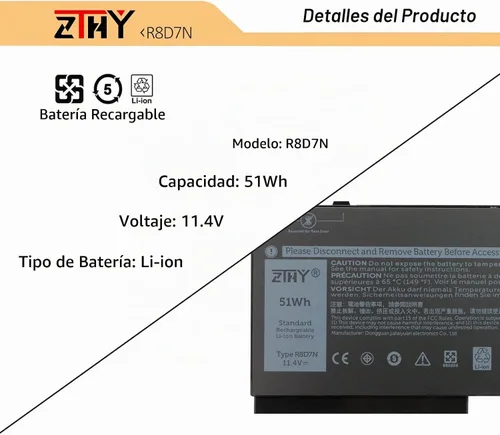 Vista 2 de Reemplazo de batería para laptop 51Wh R8D7N 1V1XF para Dell Precision 3540